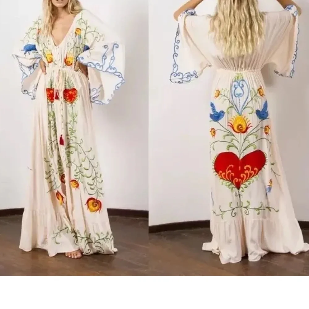 Boho Embroidered Hearts Floral Birds Long Maxi Kimono Dress - Picture 3 of 16
